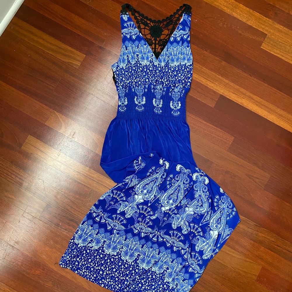 Monica Crocheted-Back Blue Maxi Dress